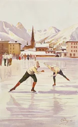 スイスのダボスでアイススケート場でレースをするスケーター